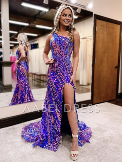 AABEI DRESS Prom Dress Mermaid One Shoulder Sequins Long with Slit Sweep Train Dress