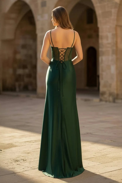 Dark Green Satin Mermaid Gown Spaghetti Straps Beaded Corset High Slit Lace Up Back Prom Dress