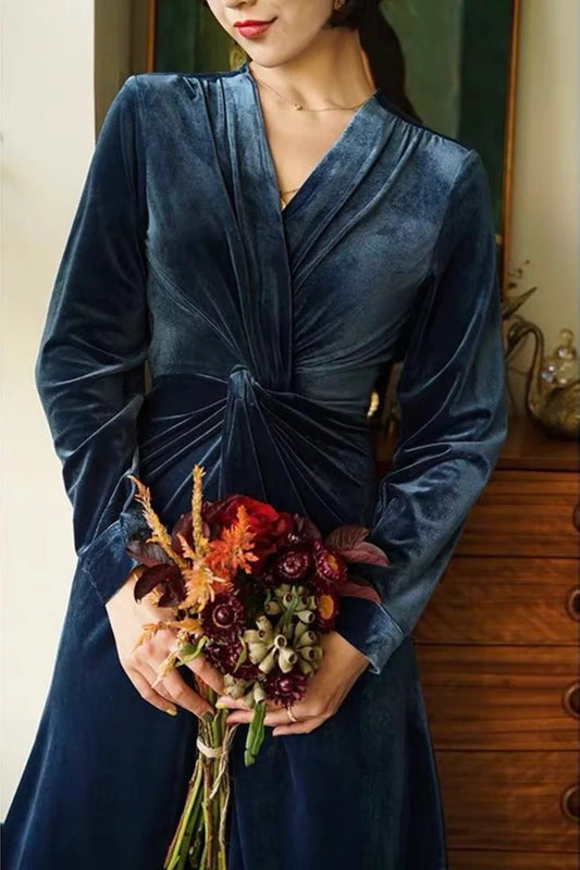 Evening Dress Velvet Dress Long Sleeves V Neck Fashion Formal Dresses Wedding Guest Dress