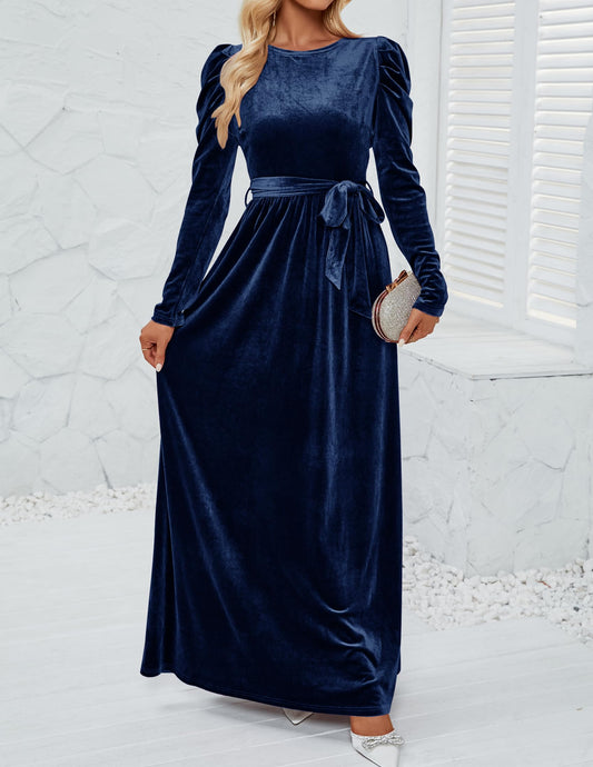 Evening Dress Women's Velvet Maxi Dress Long Puff Sleeve Crew Neck Formal Wear Dresses Wedding Guest Dress