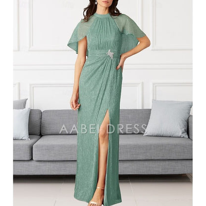 AABEI DRESS Wedding Guest Dress Elegant Sheath Crew Neck Floor Length Chiffon Sleeveless Split Front Ruching Mother of the Bride Dress