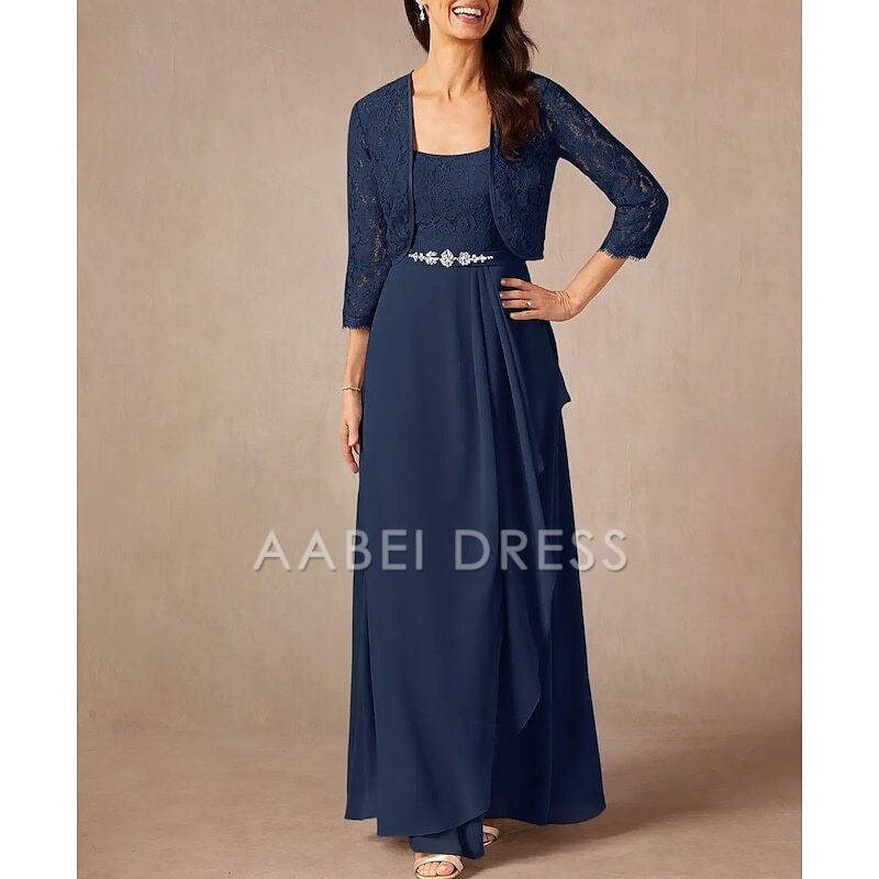 AABEI DRESS Wedding Guest Dress Two Piece A-Line Sweet Crew Neck 3/4 Length Sleeve Floor Length Lace Beading Ruffles Elegant Mother of the Bride Dress
