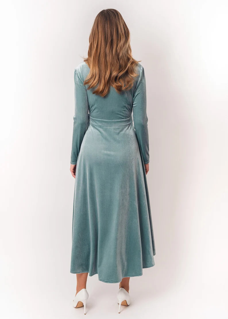 Evening Dress Velvet Dress Wrap Dress Deep V Neck Long sleeves Asymmetric Formal Dresses Wedding Guest Dress