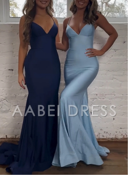 AABEI DRESS Prom Dress Pretty Mermaid Spaghetti Straps Lace Up Back Long Satin Elegant Formal Dress