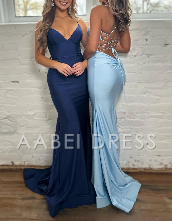 AABEI DRESS Prom Dress Pretty Mermaid Spaghetti Straps Lace Up Back Long Satin Elegant Formal Dress