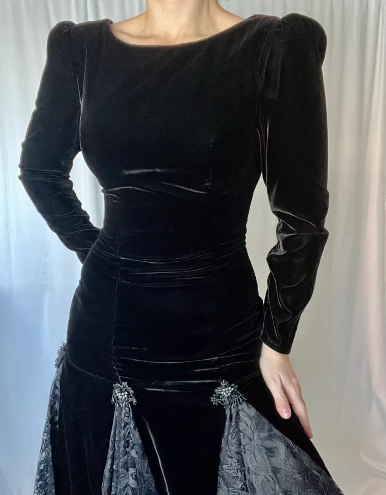 Evening Dress Velvet Dress Long Sleeves Vintage Velvet and Lace Splicing Maxi Dress Formal Dresses Wedding Guest Dress