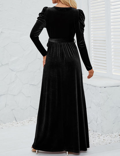 Evening Dress Women's Velvet Maxi Dress Long Puff Sleeve Crew Neck Formal Wear Dresses Wedding Guest Dress