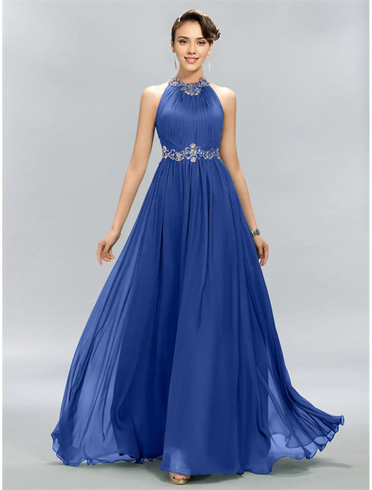 A-Line Minimalist Sparkle Wedding Guest Formal Evening Dress Halter Neck Sleeveless Floor Length Chiffon with Pleats Crystals
