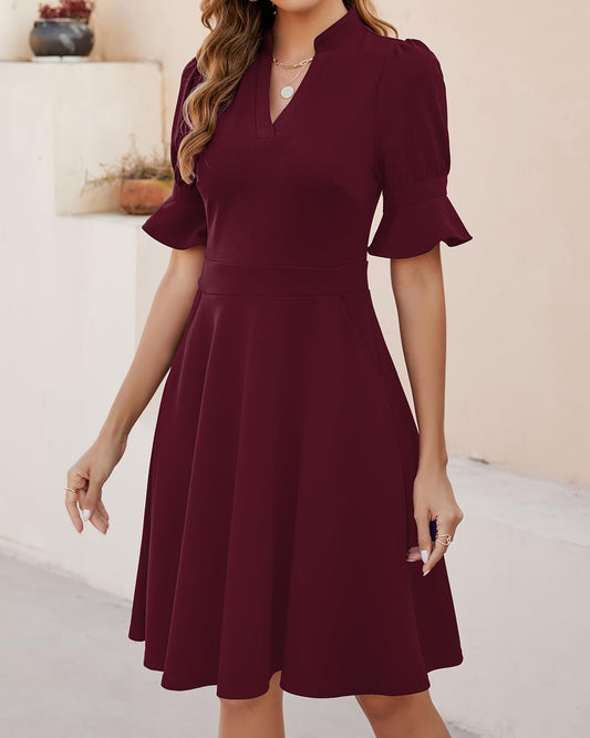 Evening Dress Womens V Neck Ruffle Short Sleeve Fit and Flare Knee Length Dresses with Pockets Formal Wear Dresses Wedding Guest Dress