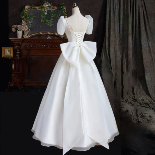 Wedding Dress Heart-shaped collar Satin Short Sleeves Back Bow knot Decorate Long Formal Wear Dresses