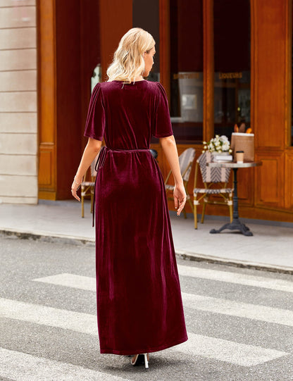 Evening Dress Women's V Neck Wrap Velvet Maxi Dress Slim Wrap Tie Waist Formal Wear Dresses Wedding Guest Dress