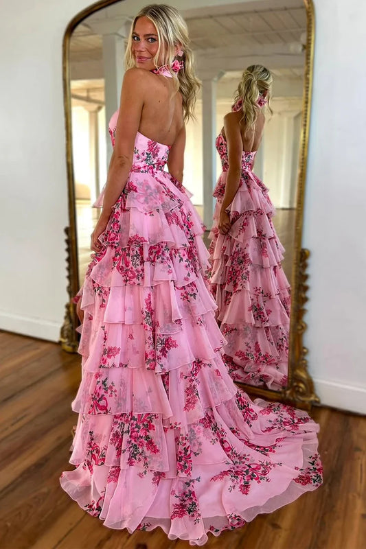 AABEI DRESS Prom Dress Cute Sheath Halter Floral Printed Chiffon Tiered with Slit Formal Dress