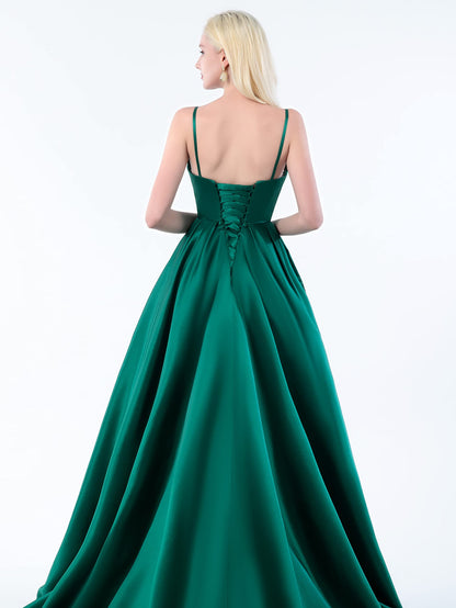 Prom Dress Satin Long V Neck High Slit Ruched Corset Ball Evening Dress with Pockets Formal Wear Dresses