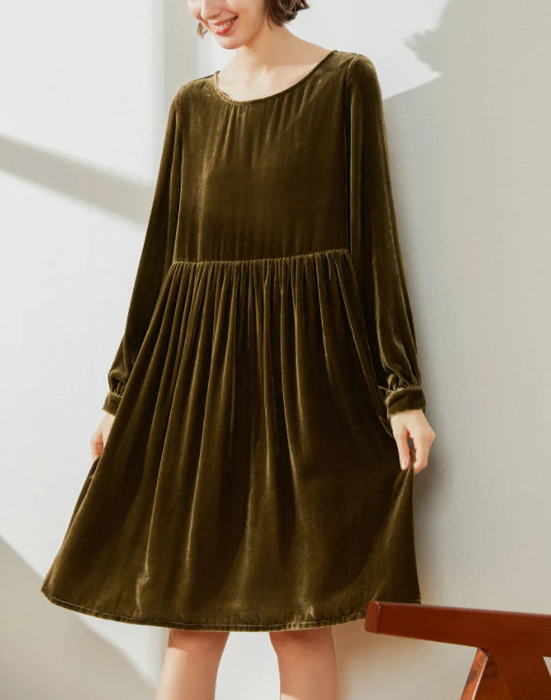 Evening  Dress Velvet Dress for Women Long Sleeves Dress knee length Dress Loose Dress Custom Hand Made Dress Velvet Pleated Dress Plus Size Formal Dresses Wedding Guest Dress