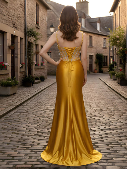 Gold Satin sheath-column sweetheart lace-up-back floor-length Dress Back View - Aabei Dress