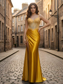 Gold Satin sheath-column sweetheart lace-up-back floor-length Dress Front View - Aabei Dress