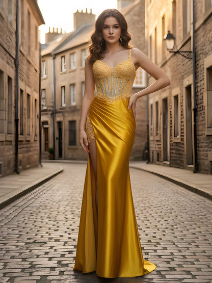 Gold Satin sheath-column sweetheart lace-up-back floor-length Dress Front View - Aabei Dress