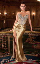 Gold Satin Sheath/column Sweetheart Lace-up Floor-Length Dress Front View - Aabei Dress