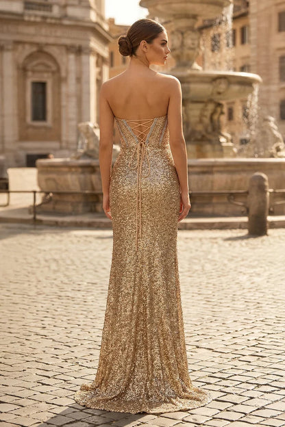 Gold Sequin Sheath/column Sweetheart Lace-up Floor-Length Dress Back View - Aabei Dress