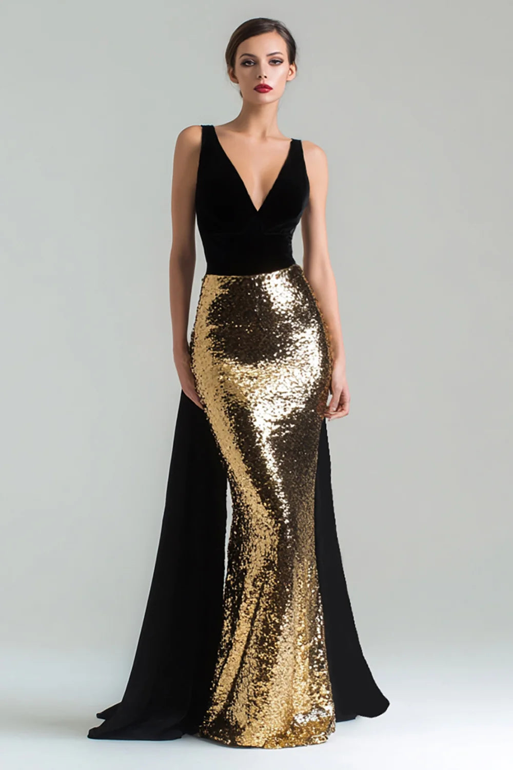 Gold Sequin & Velvet Mermaid Plunging V Neck V Back Floor-Length Dress - Aabei Dress
