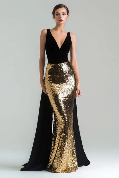 Gold Sequin & Velvet Mermaid Plunging V Neck V Back Floor-Length Dress - Aabei Dress