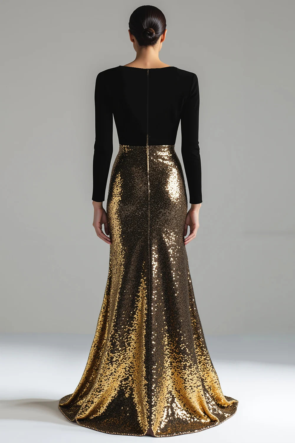 Gold Sequin Velvet sheath-column plunging-v-neck zipper-back floor-length Dress Back View - Aabei Dress