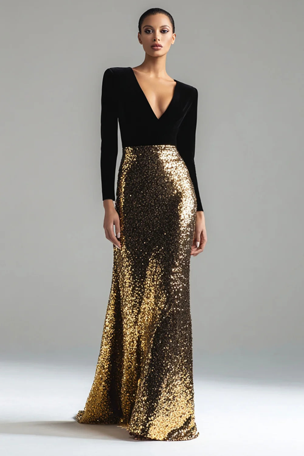 Gold Sequin Velvet sheath-column plunging-v-neck zipper-back floor-length Dress Front View - Aabei Dress