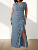AABEI DRESS Wedding Guest Dress Elegant Mermaid V Neck Short Sleeve Pleats Split Curve Front Ruching Floor Length Plus Size Mother of the Bride Dress