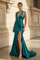 Teal Halter Deep V Satin Mermaid Prom Dress Corset Bodice High Slit Lace Up Back Gown