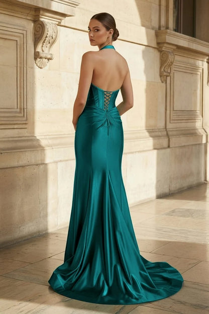 Teal Halter Deep V Satin Mermaid Prom Dress Corset Bodice High Slit Lace Up Back Gown