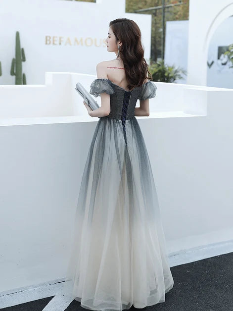 Grey Glitter Tulle A-Line Sweetheart Lace-Up Back Floor-Length Dress Back View - Aabei Dress