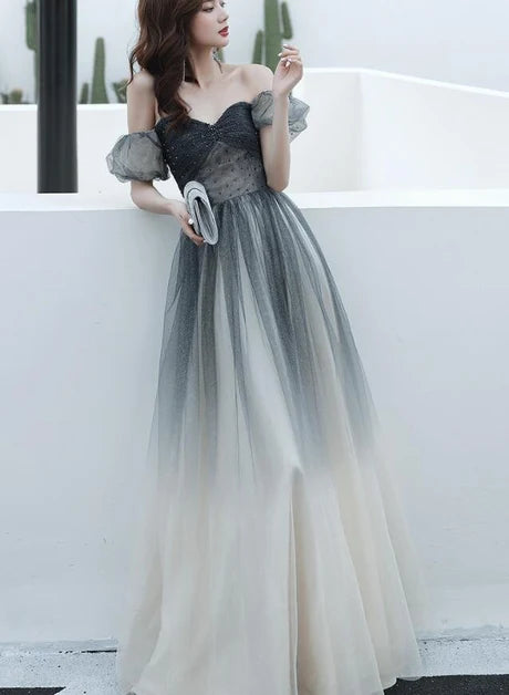 Grey Glitter Tulle A-Line Sweetheart Lace-Up Back Floor-Length Dress Front View - Aabei Dress