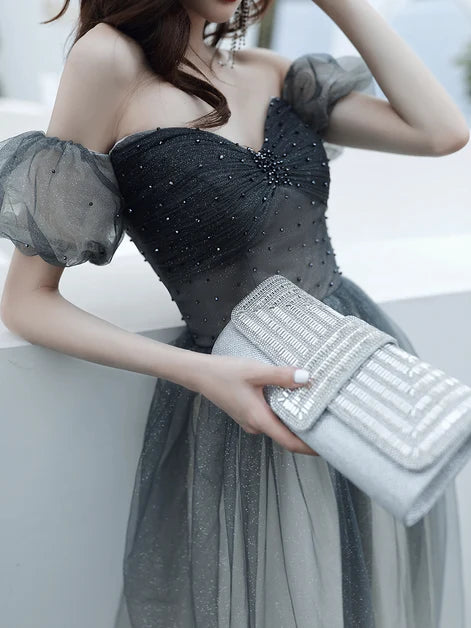 Grey Glitter Tulle A-Line Sweetheart Lace-Up Back Floor-Length Dress - Aabei Dress