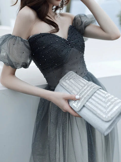 Grey Glitter Tulle A-Line Sweetheart Lace-Up Back Floor-Length Dress - Aabei Dress