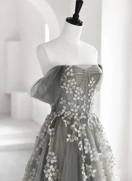 Grey Tulle A-Line Off-the-Shoulder Back Zip Floor-Length Dress Back View - Aabei Dress