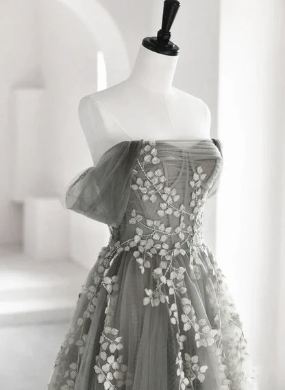 Grey Tulle A-Line Off-the-Shoulder Back Zip Floor-Length Dress Back View - Aabei Dress