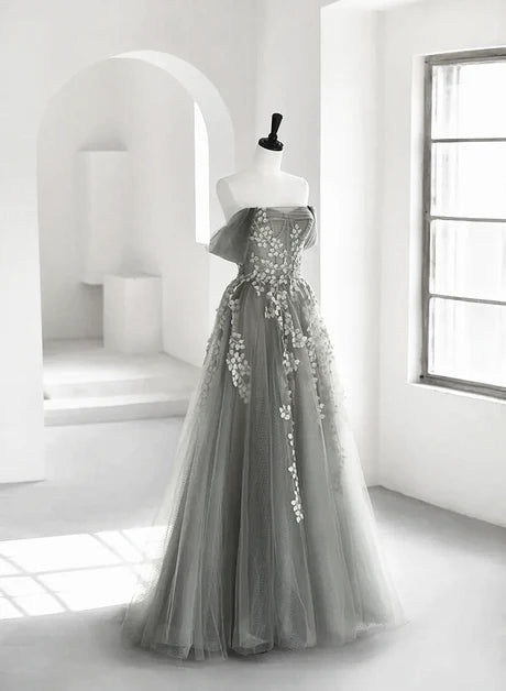 Grey Tulle A-Line Off-the-Shoulder Back Zip Floor-Length Dress Front View - Aabei Dress
