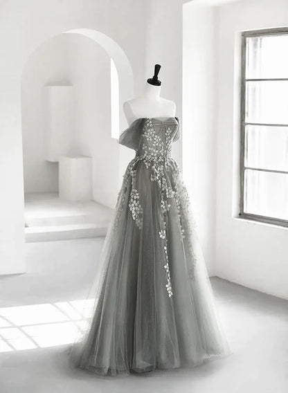 Grey Tulle A-Line Off-the-Shoulder Back Zip Floor-Length Dress Front View - Aabei Dress