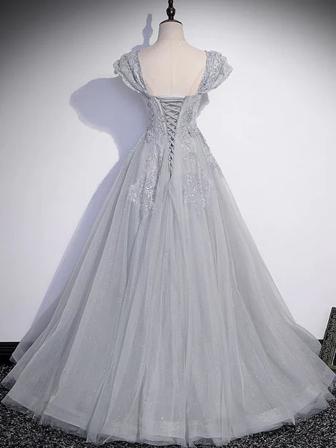 Grey Tulle A-Line Sweetheart Lace-Up Back Floor-Length Dress Back View - Aabei Dress
