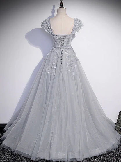 Grey Tulle A-Line Sweetheart Lace-Up Back Floor-Length Dress Back View - Aabei Dress