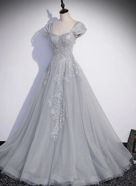 Grey Tulle A-Line Sweetheart Lace-Up Back Floor-Length Dress Front View - Aabei Dress