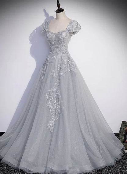 Grey Tulle A-Line Sweetheart Lace-Up Back Floor-Length Dress Front View - Aabei Dress