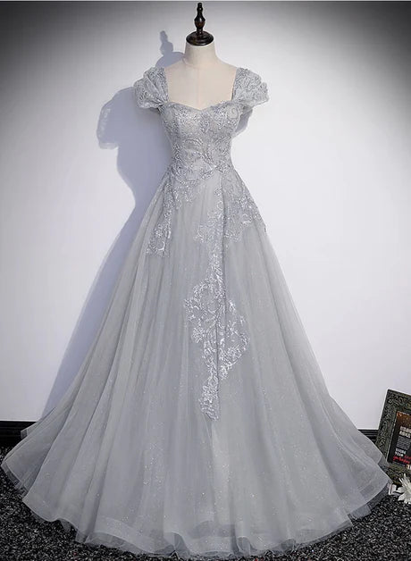 Grey Tulle A-Line Sweetheart Lace-Up Back Floor-Length Dress - Aabei Dress