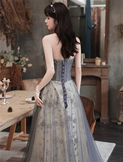 Grey Tulle & Sparkle Mesh A-Line Sweetheart Lace-Up Back Floor-Length Dress Back View - Aabei Dress