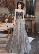 Grey Tulle & Sparkle Mesh A-Line Sweetheart Lace-Up Back Floor-Length Dress Front View - Aabei Dress