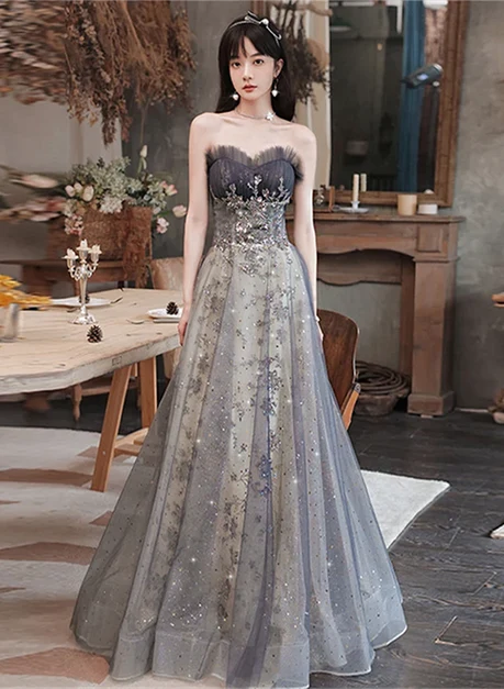 Grey Tulle & Sparkle Mesh A-Line Sweetheart Lace-Up Back Floor-Length Dress Front View - Aabei Dress