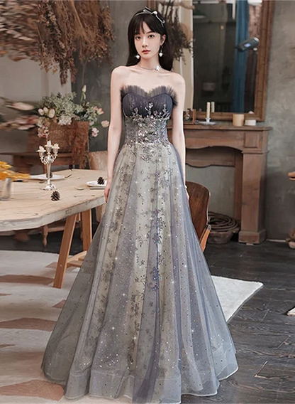 Grey Tulle & Sparkle Mesh A-Line Sweetheart Lace-Up Back Floor-Length Dress Front View - Aabei Dress