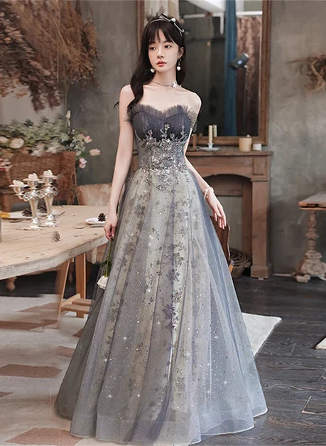 Grey Tulle & Sparkle Mesh A-Line Sweetheart Lace-Up Back Floor-Length Dress - Aabei Dress