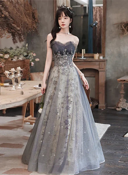 Grey Tulle & Sparkle Mesh A-Line Sweetheart Lace-Up Back Floor-Length Dress - Aabei Dress
