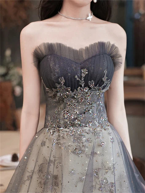 Grey Tulle & Sparkle Mesh A-Line Sweetheart Lace-Up Back Floor-Length Dress - Aabei Dress
